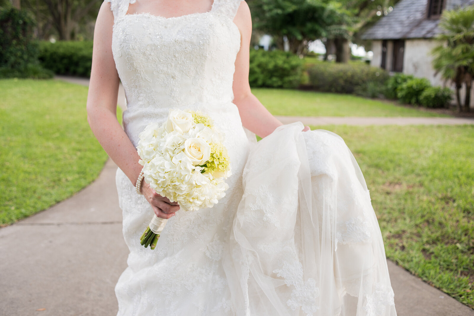St Simons Island Epworth wedding hydrangea bouquet lace dress Bride
