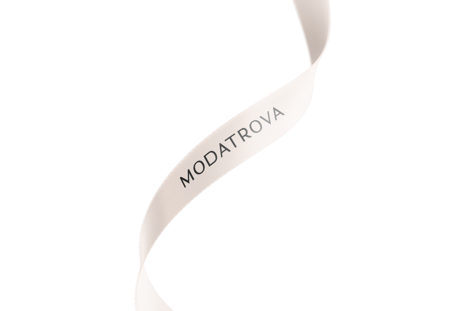 Peach colored ribbon with black Modatrova logo in center