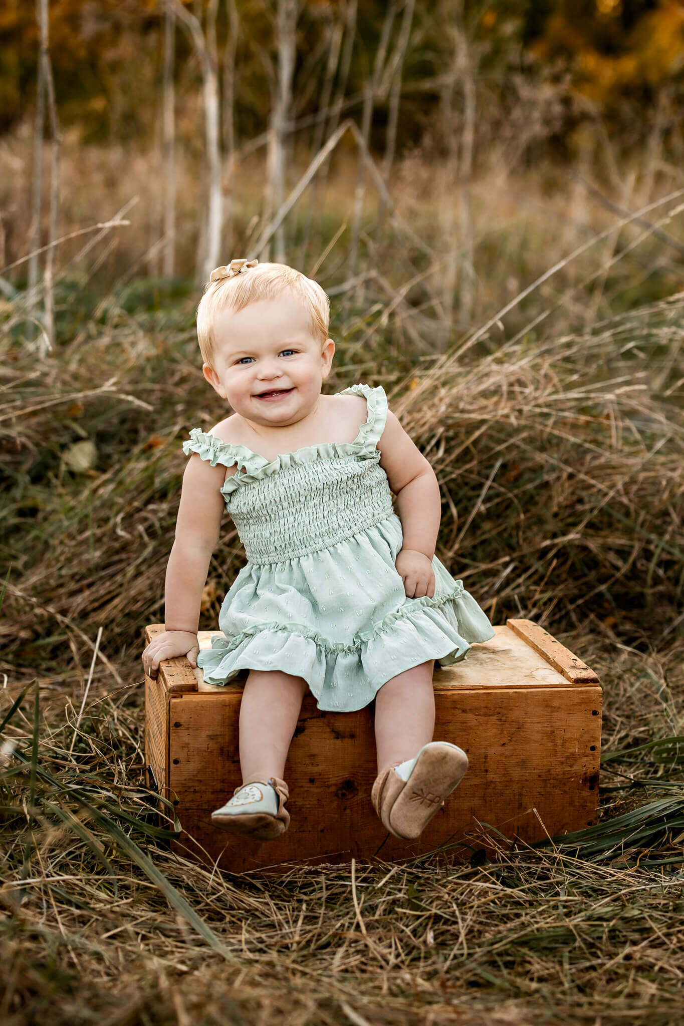 A smiling toddler with blonde hair sits on a wooden box in a grassy field, captured brilliantly by a Bloomington family photographer. The child is wearing a light green dress with ruffles and beige shoes, set against tall grass and blurred trees, perfect for outdoor portraits.