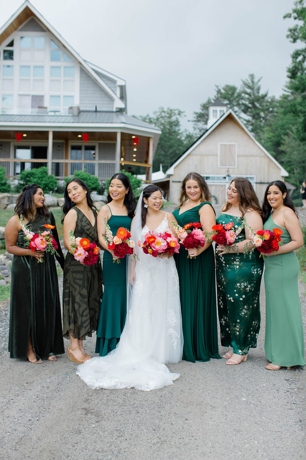 New England Bridal Party with green dresses and colorful florals