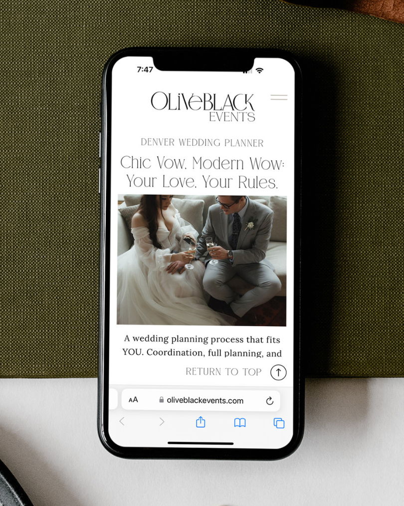 custom Showit website design for Olive Black events, a wedding planner in Colorado