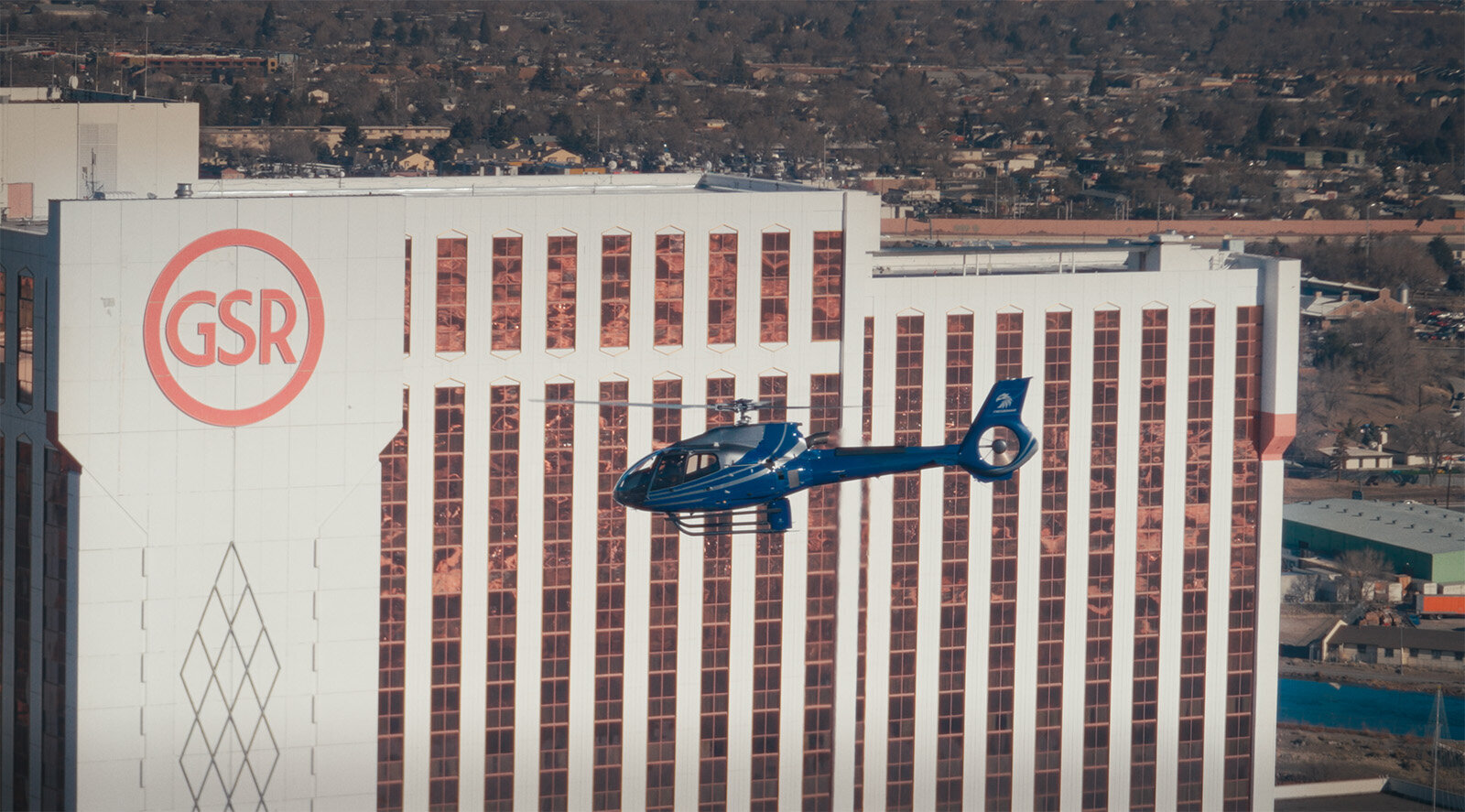 Reno skyline from above in helicopter tours downtown