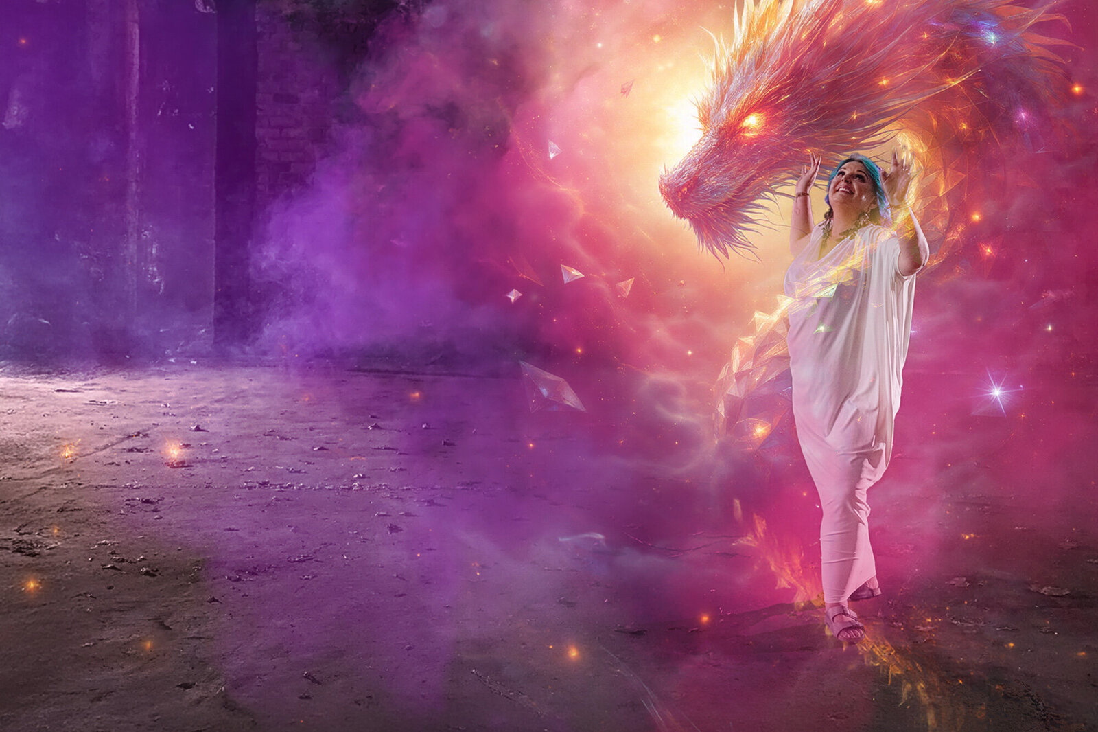 Woman in a white dress, raising her hands up, surrounded by pink and purple smoke to discover her Soul Blueprint.