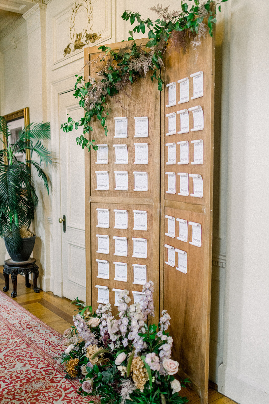 A beautifully arranged seating chart at the luxurious Filoli wedding venue in Woodside, San Mateo County, California.