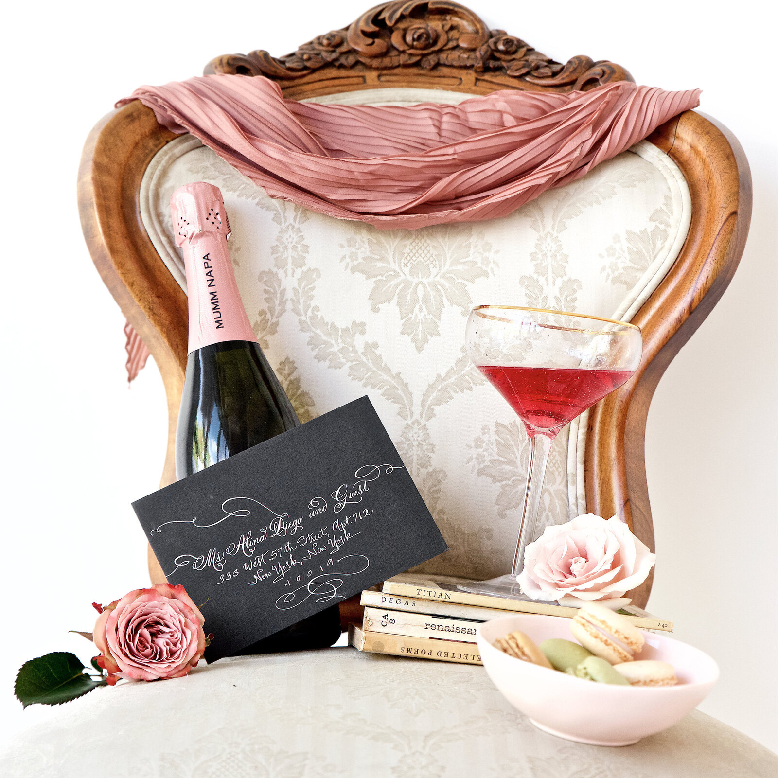 Vintage chair champagne pink feminine floral French invitation suite flat lay product photographer Chelsea Loren