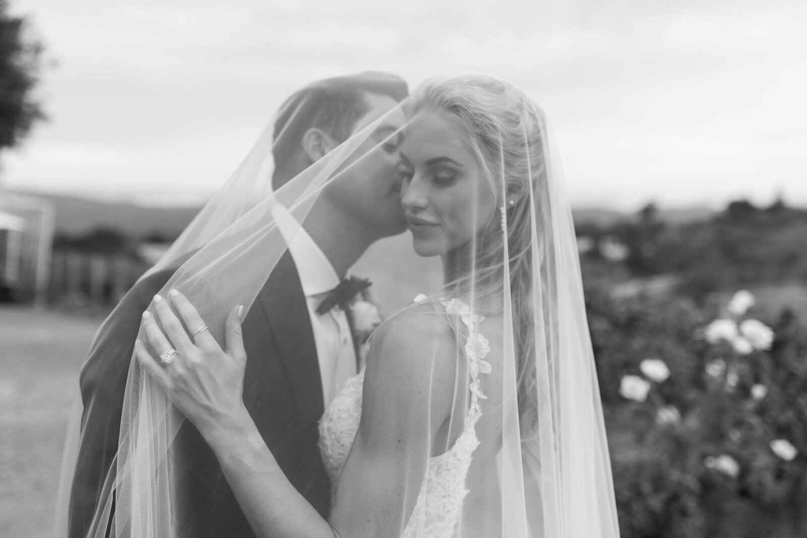 Bride and groom under veil image in vineyard in Santa Ynez, California