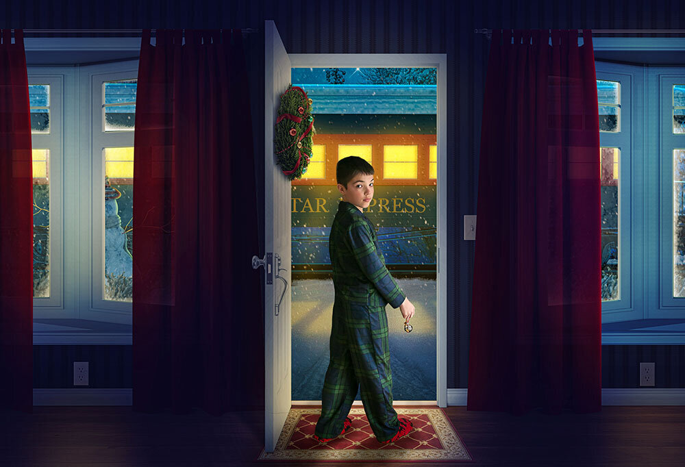 polar-express-boy-pjs-train-snowing-magical-holiday-christmas-picture-christmas-card-whimisical-unique-composite