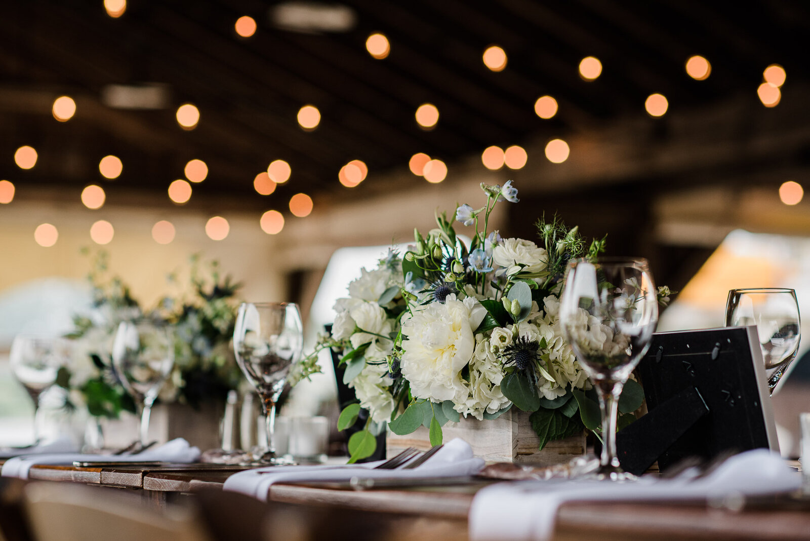 floral table setting with twinkle lights