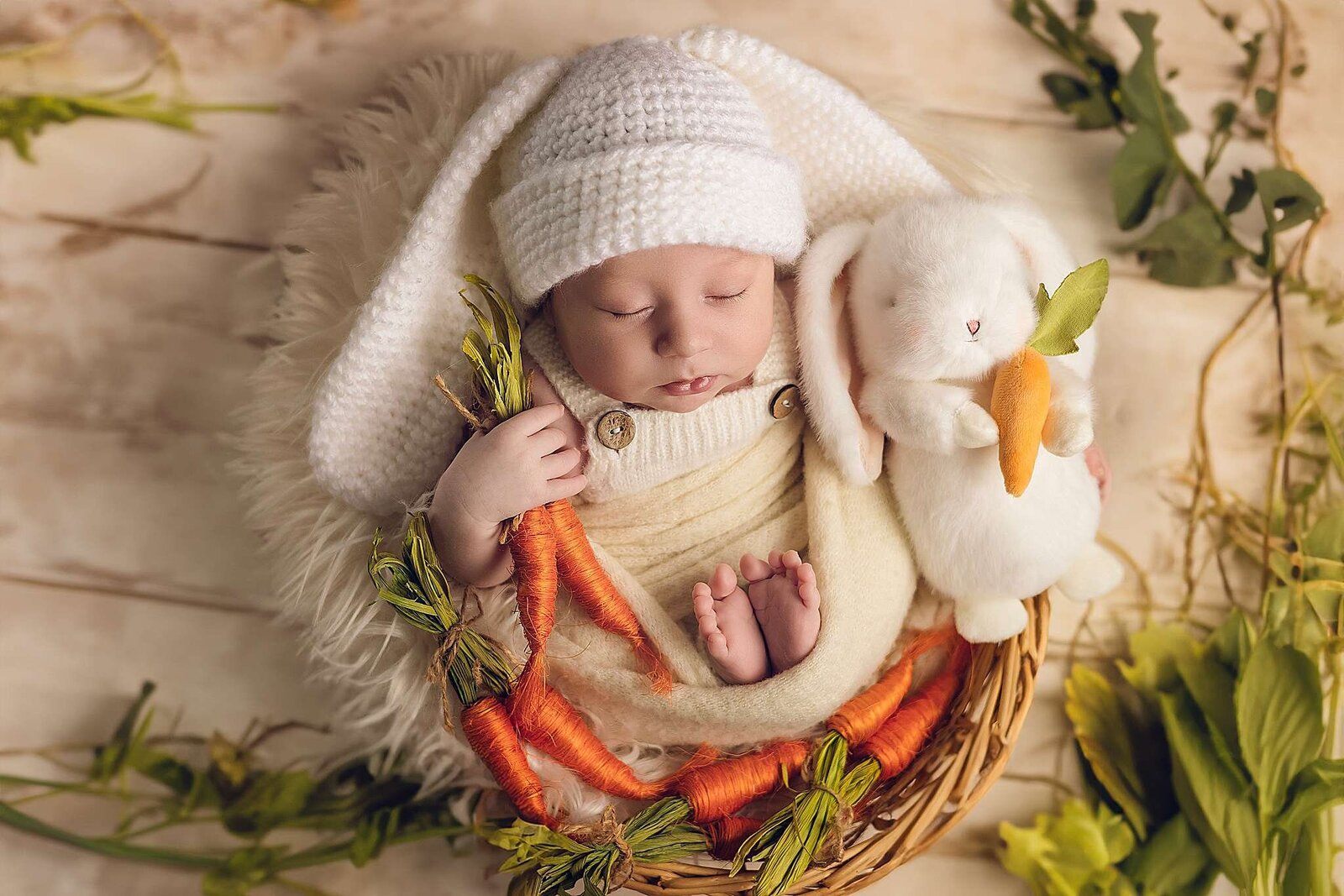 Adorable newborn in a basket with carrots and a bunny, photographed by Bia Schaefer during an in-home session in Orlando.