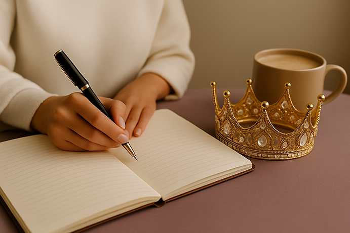 Woman journaling next to a golden crown and coffee, symbolizing empowerment and self-reflection