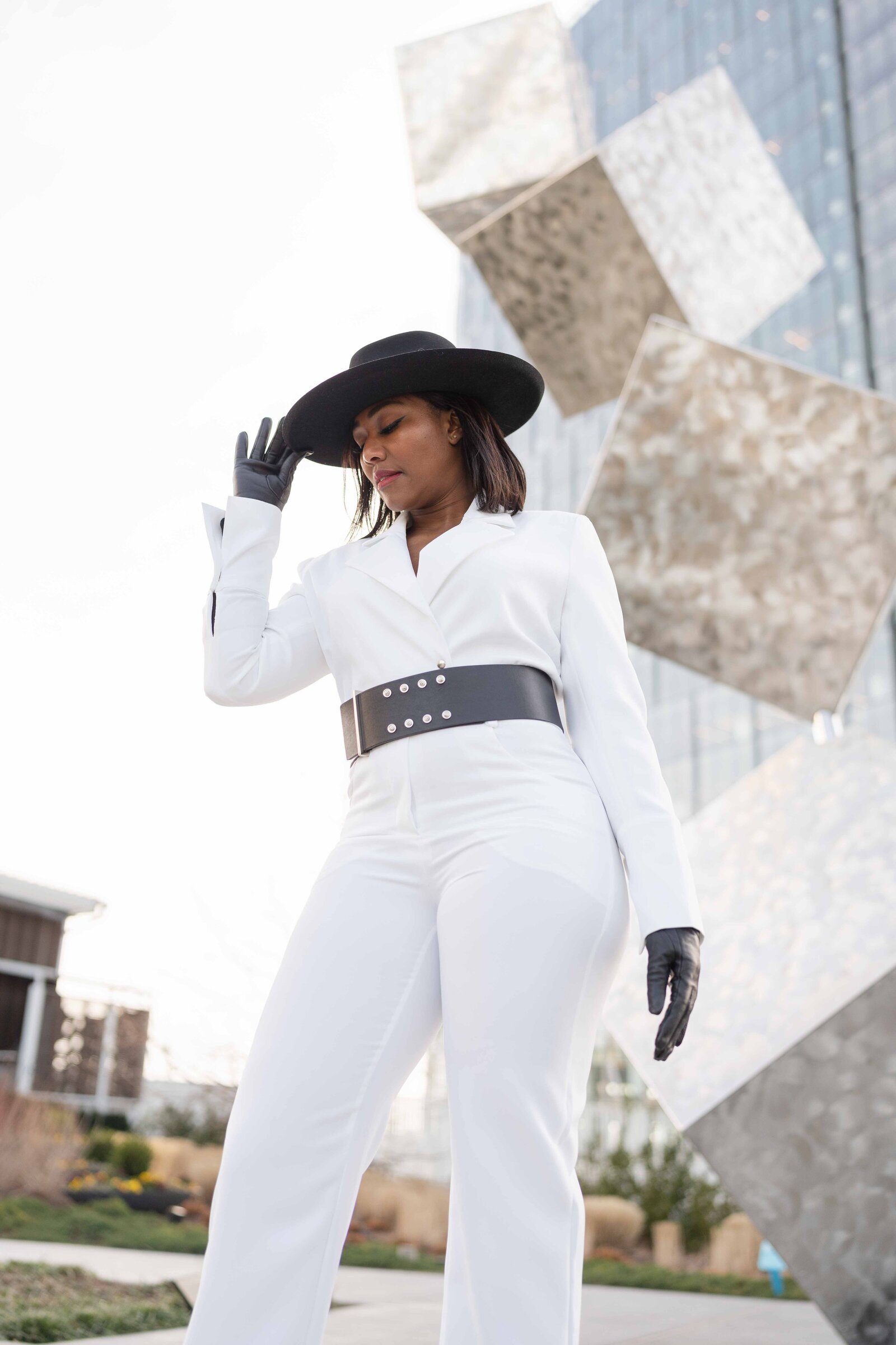 white jumpsuit worn by model during Haymarket,Virginia product photography