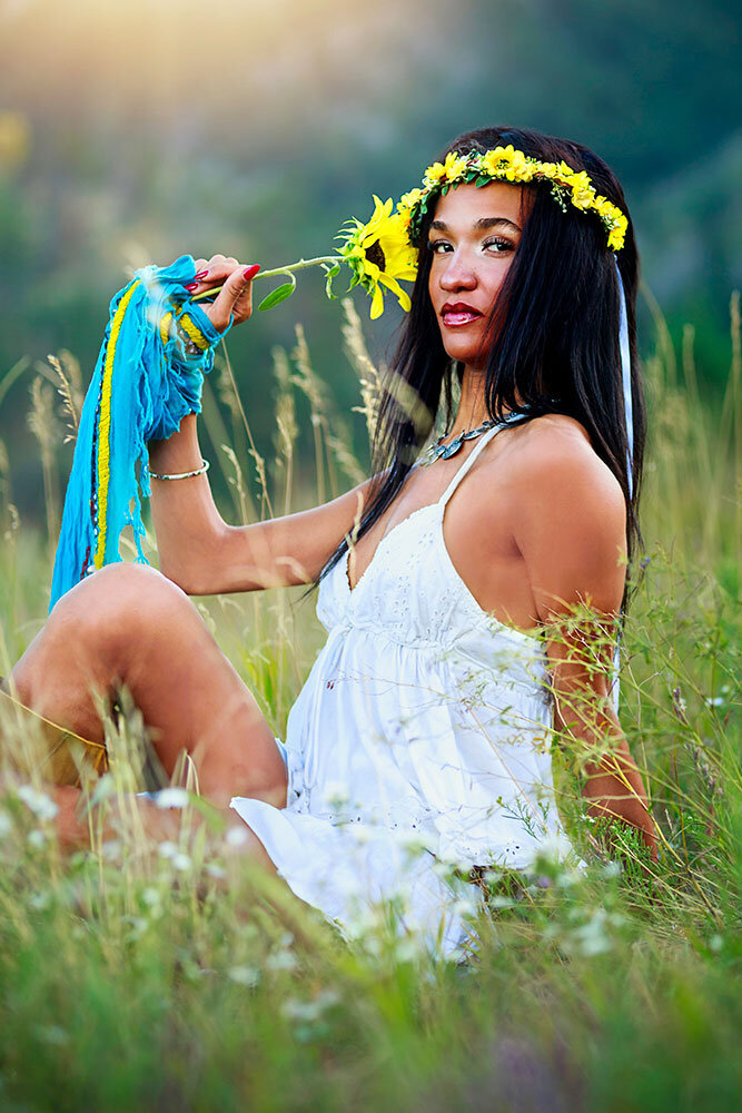 black-high-school-senior-beautiful-unique-diverse-multi-cultural-mountain-sunflowers-model-pose-white-dresss-NCAR-mountain-colorful-best-senior-photographer