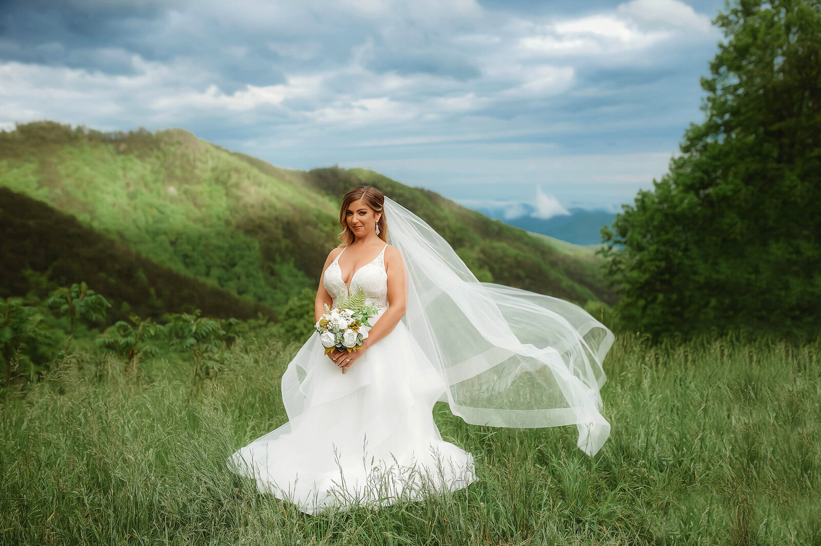 Bride poses for Bridal Portraits on the Blue Ridge Parkway in Asheville, NC.