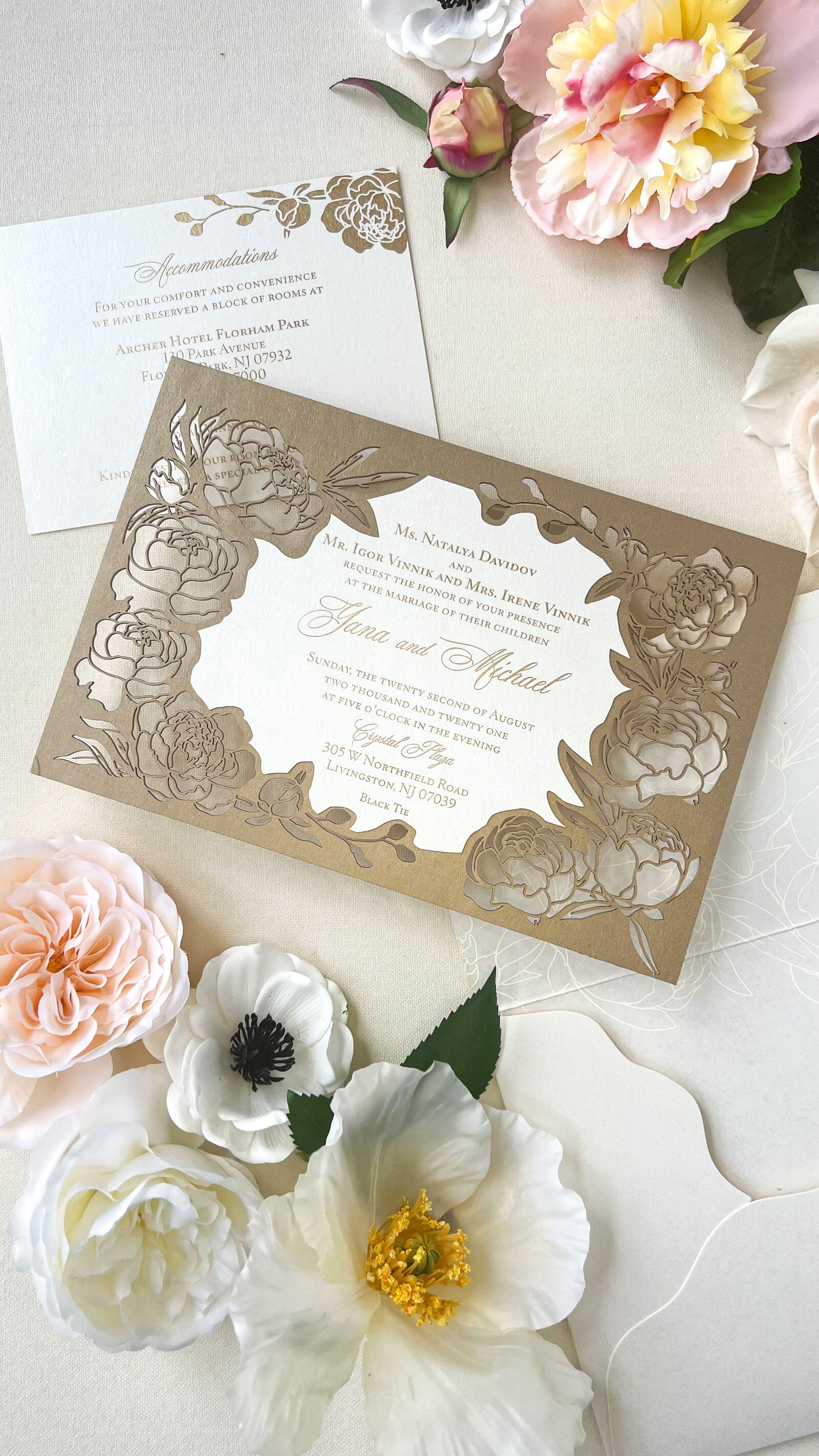 Laser cut gold ink and champagne floral wedding invitation-50