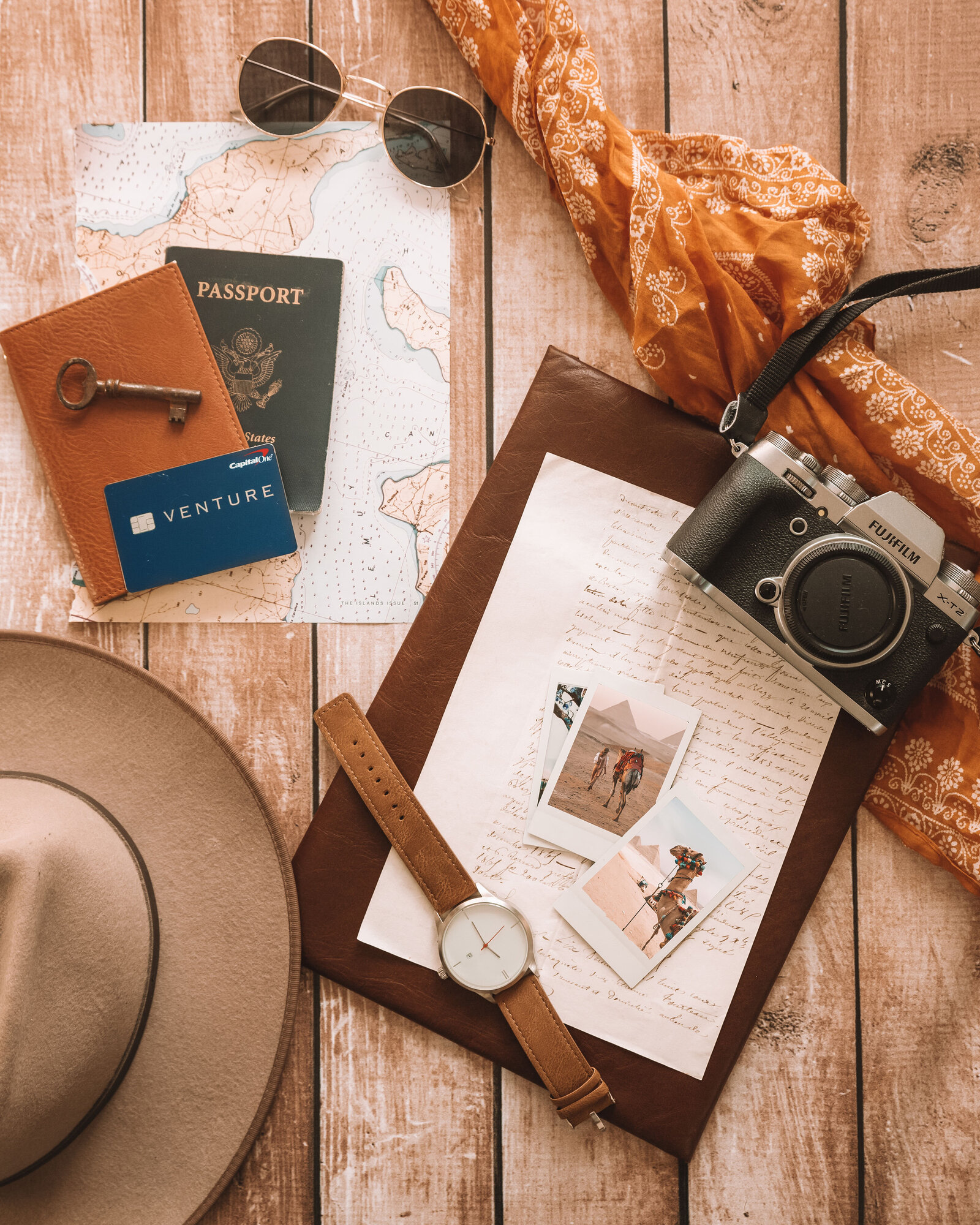 Capital One Venture Credit Card Flat Lay vintage camera hat polaroid photos by Chelsea Loren