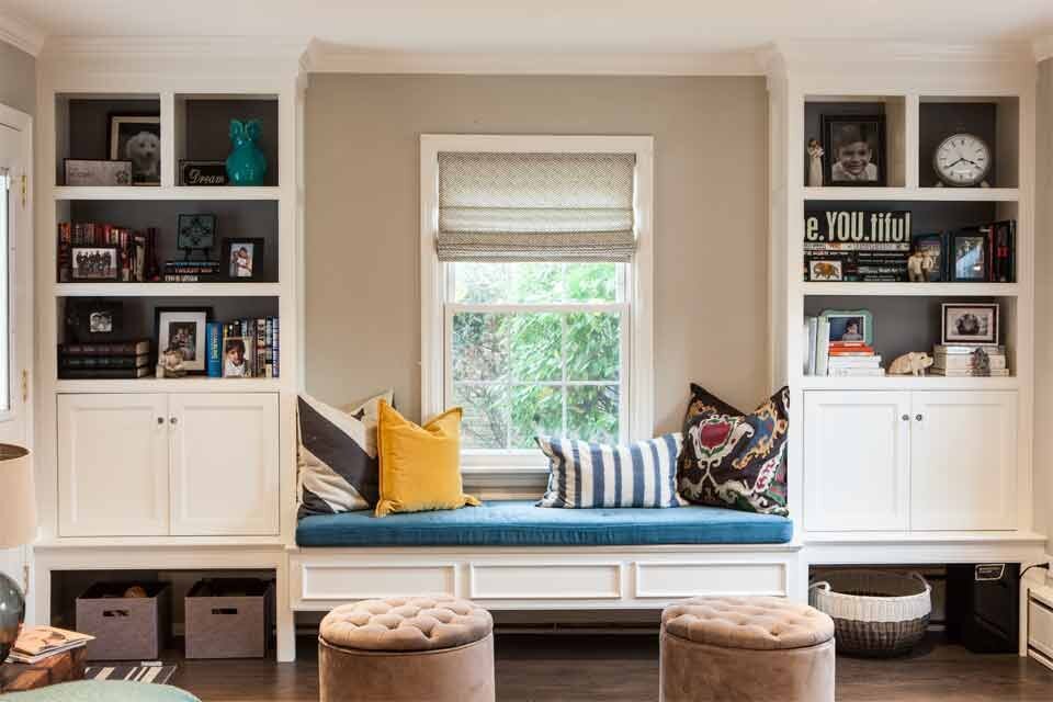 Built in window bench with built in shelves