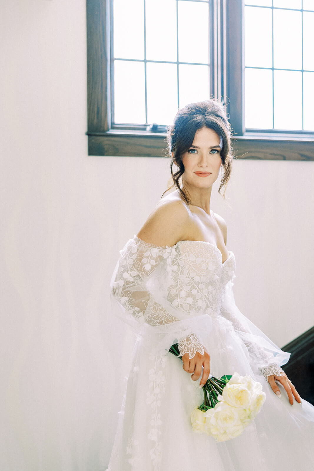 Venue3Two Grand Rapids Wedding Bride in Eva Lendel lowered sleeves transparent lace and weightless tulle