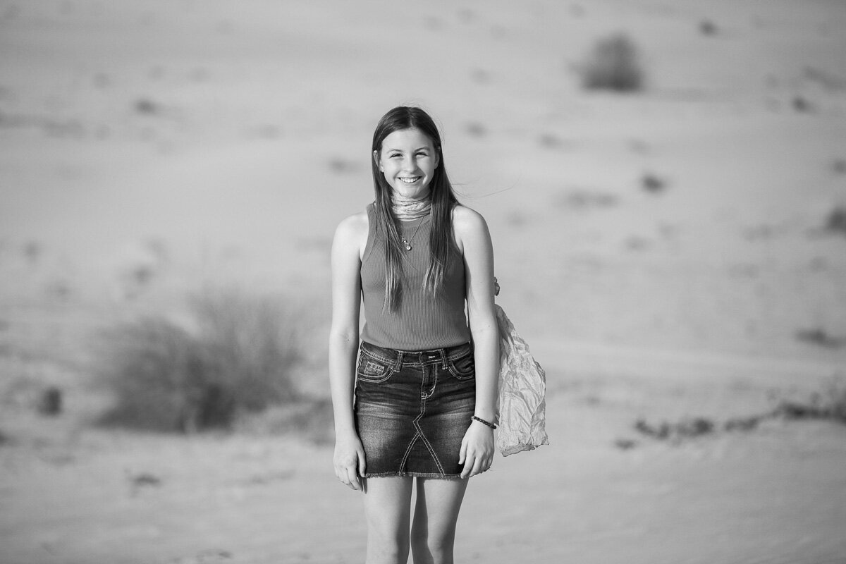 Black and white portrait of a girl in desert by Vancouver family photographer Yuliia Terziian Photography