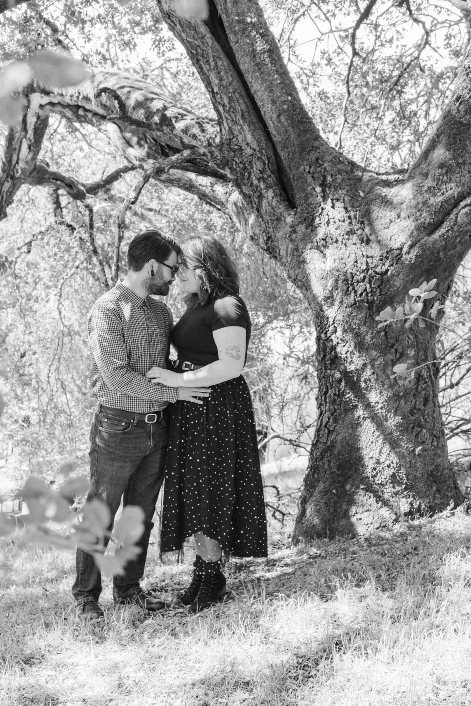 An tattooed engaged couple poses for photos in a redwood forest in Santa Cruz, Ca.