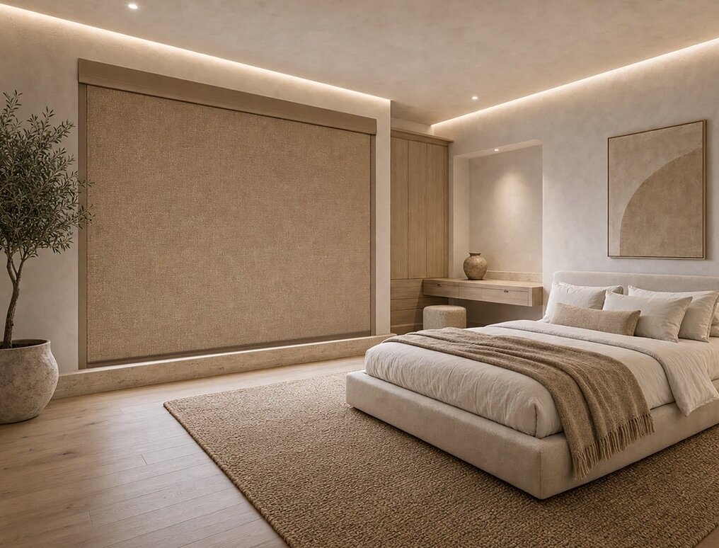 Woven blackout roller shade in a warm, modern primary bedroom in Las Vegas
