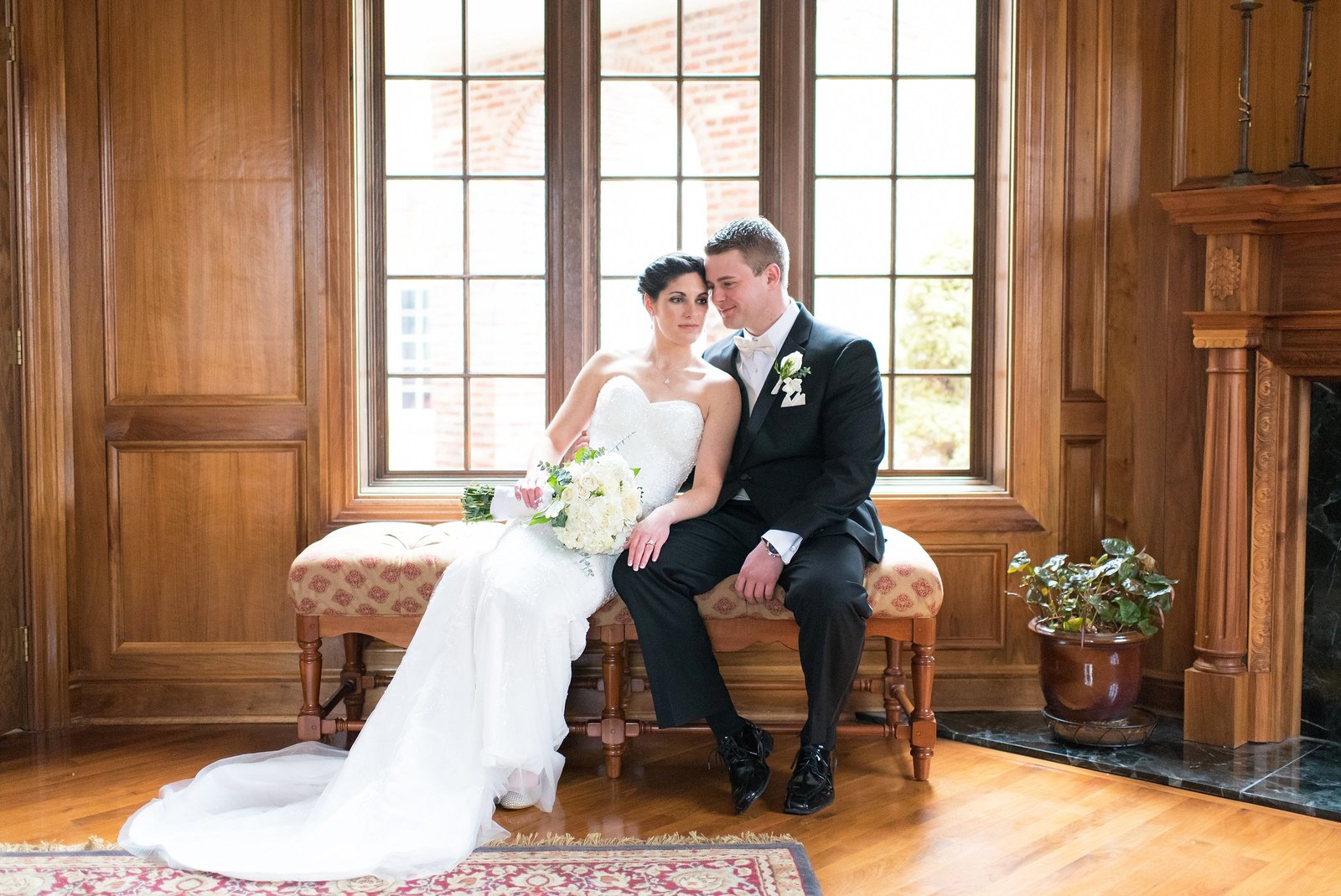 Classic Indoor Bride and Groom Wedding Wood Mantle Photo
