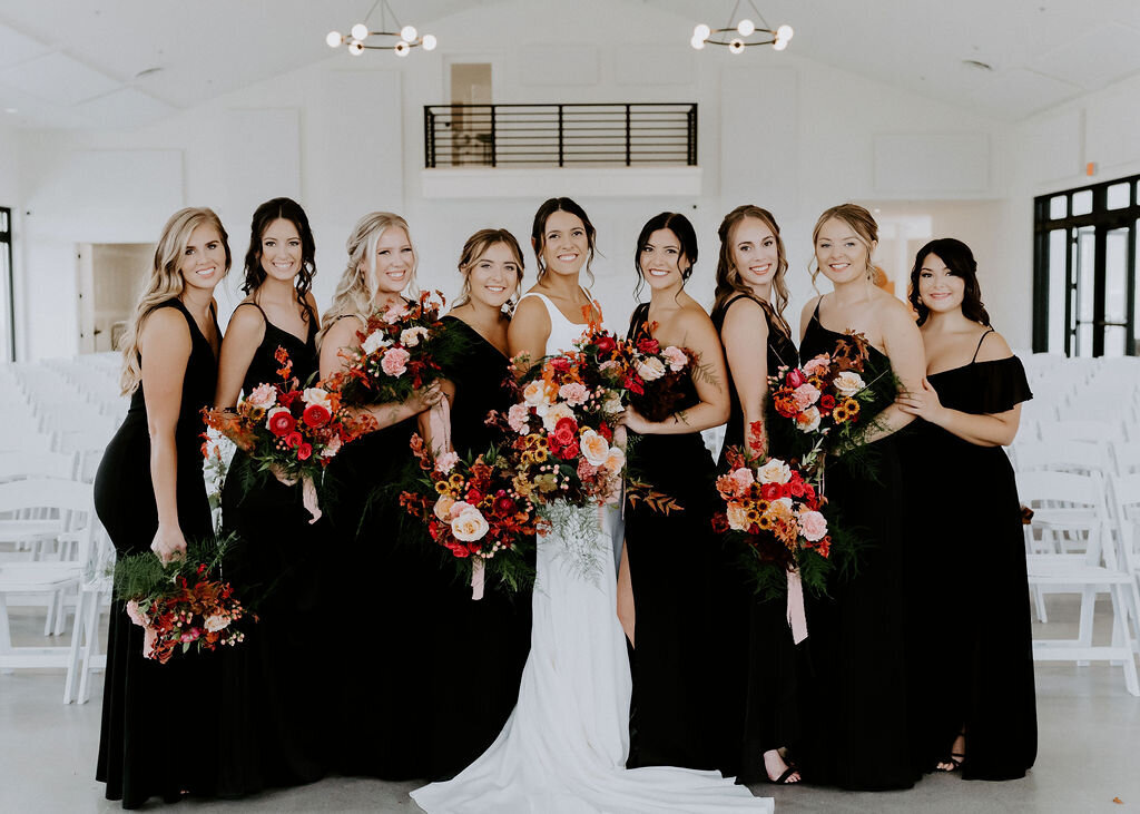 black-bridesmaid-dresses-colorful-bouquets