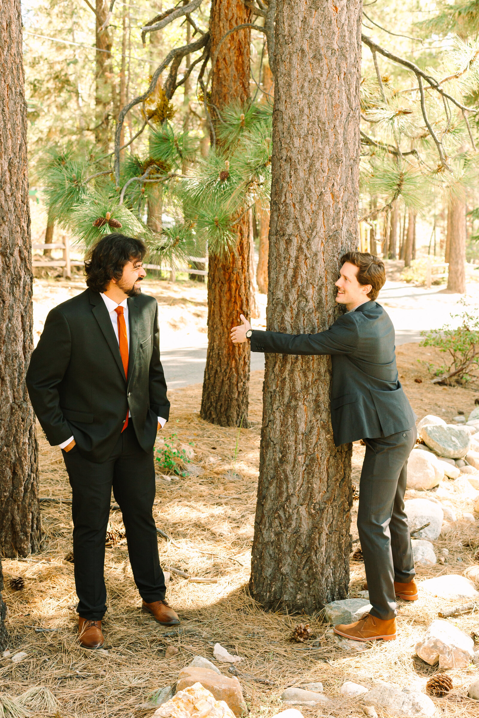 The bridal party celebrates an intimate elopement at a cabin at Big Bear Lake, California.