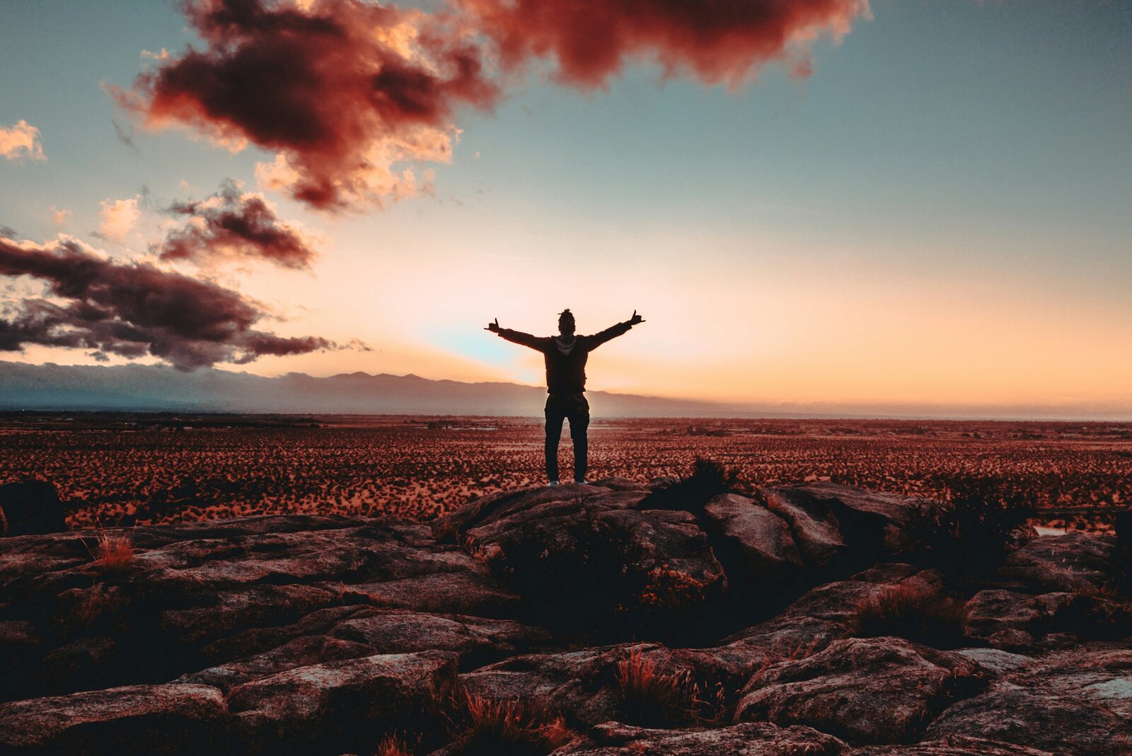 Image of a masc presenting person on the top of rocks in a victorious stance with arms up and out to sides, looking over a valley below.