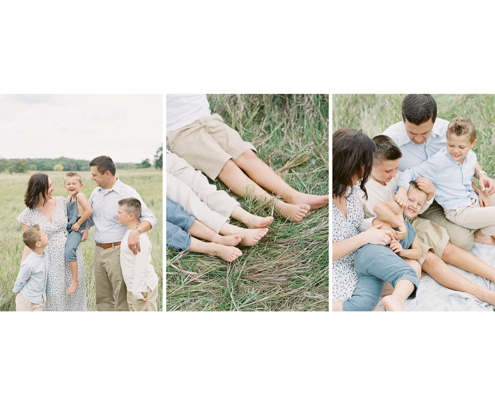 family in high end clothing during summer family session in a grassy field by madison wi photographer, Talia Laird Photography