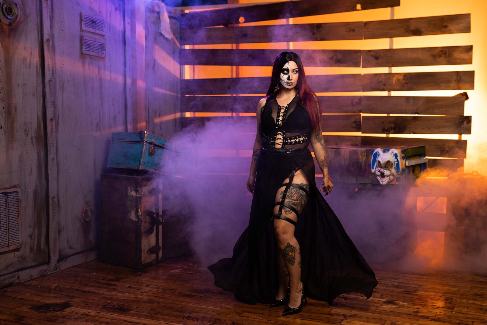 a woman with her black halloween costume