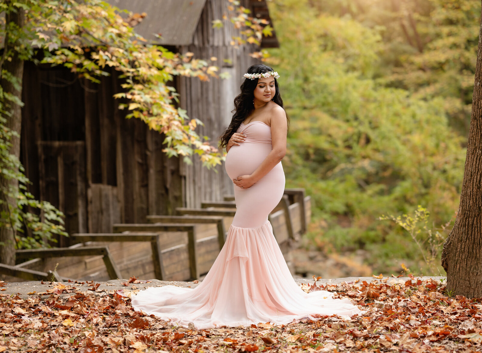 Pregnant women in pink maternity gown in the woods , holding her belly and looking at fall leaves. Photo taken in Marietta Grist Mill.