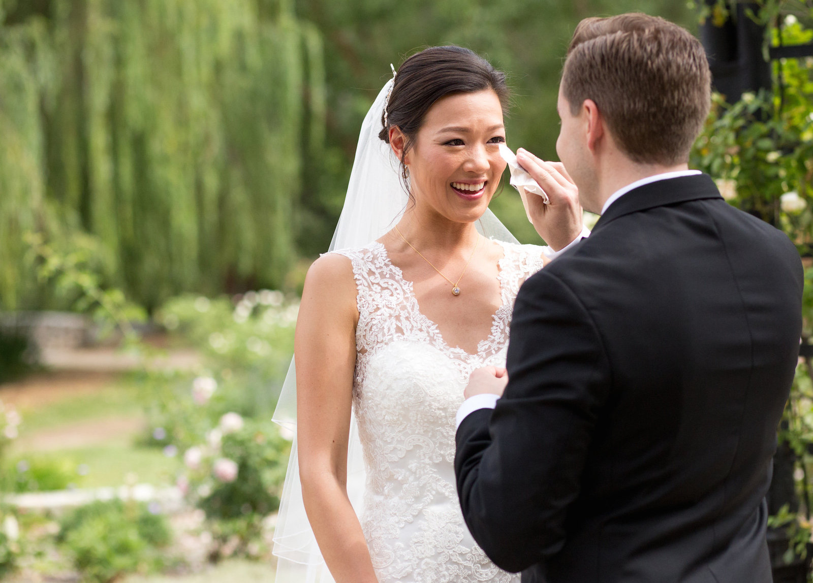 first look photos of bride and groom at descanso gardens in LA