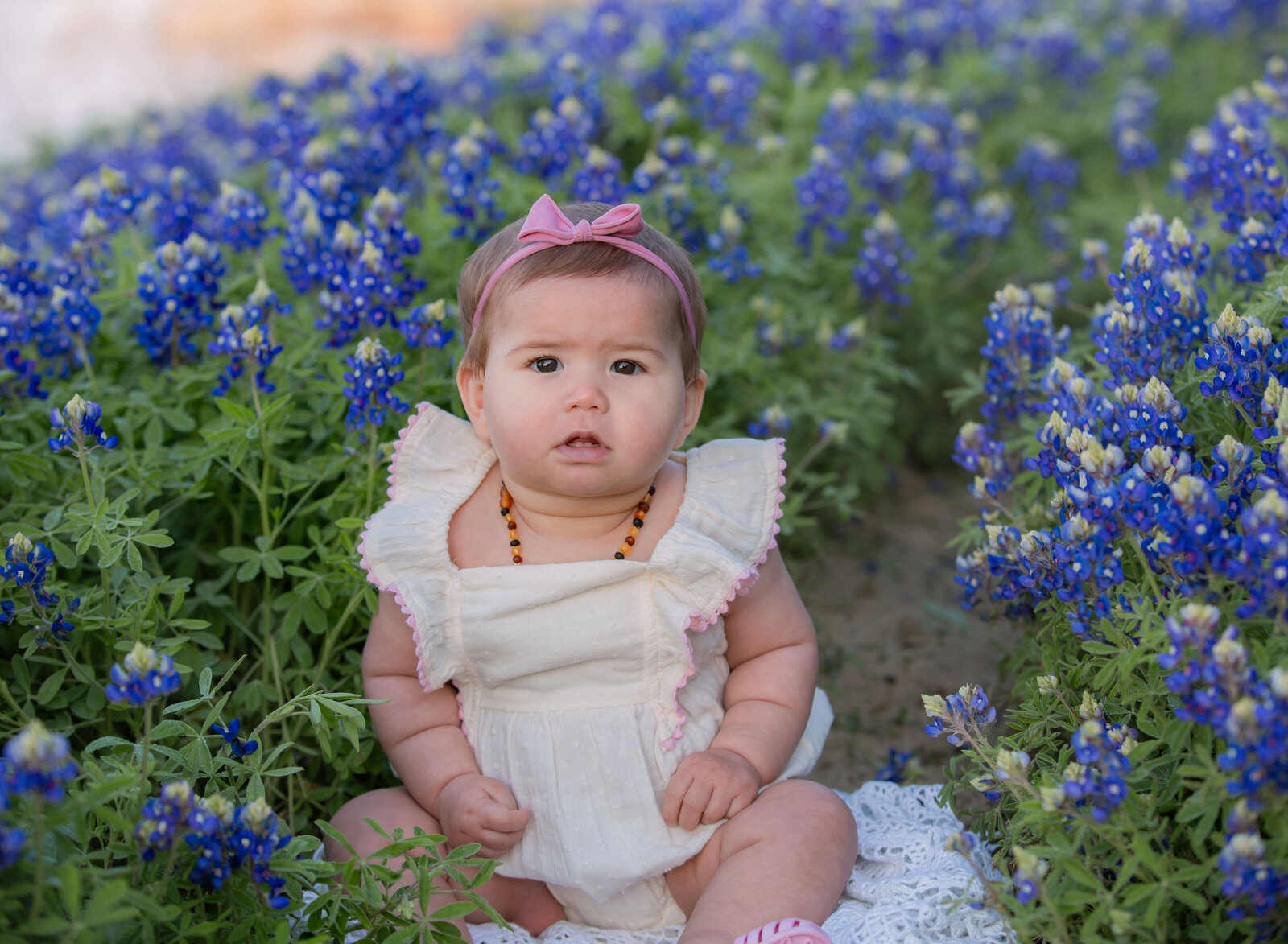 young baby seated in Texas bluebonnets