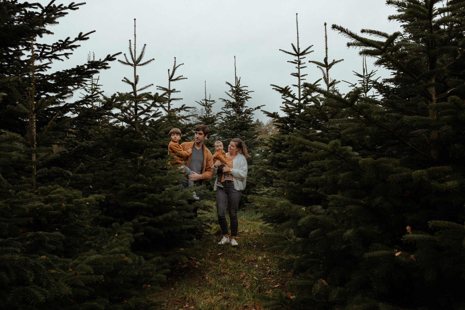 Wandelen met het gezin tussen de kerstbomen