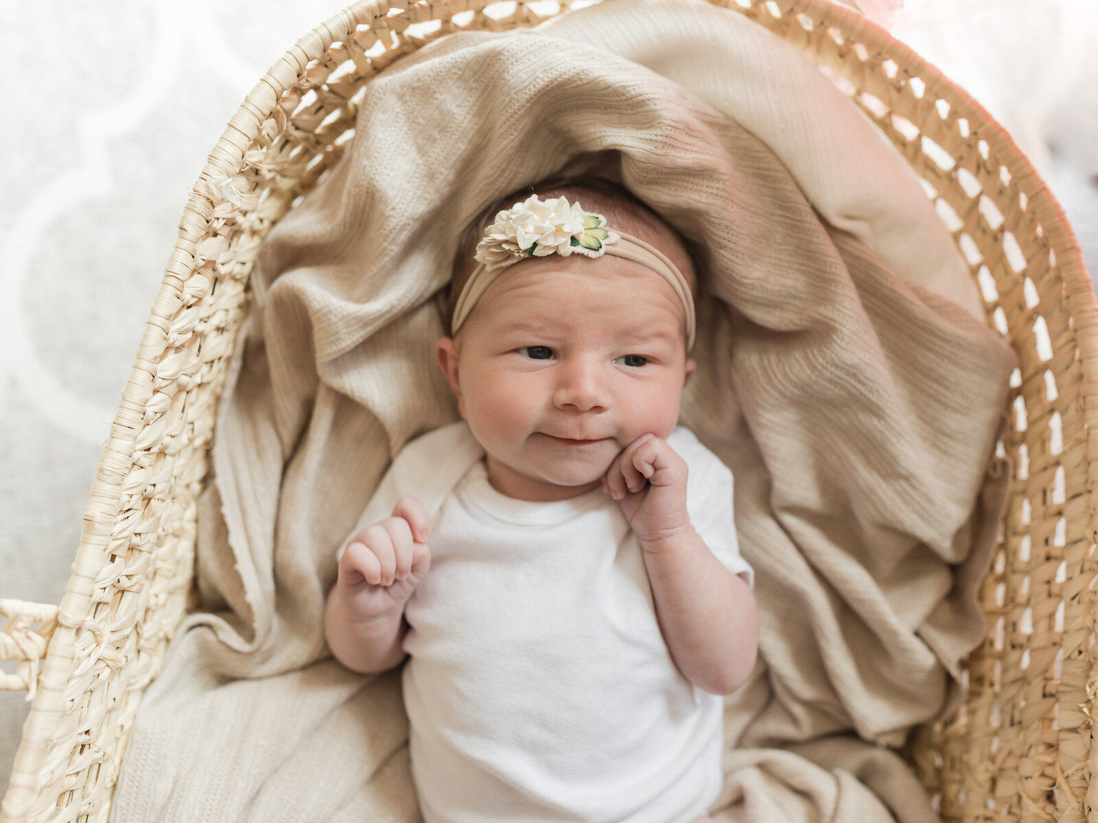 newborn baby girl in basket for in home photoshoot