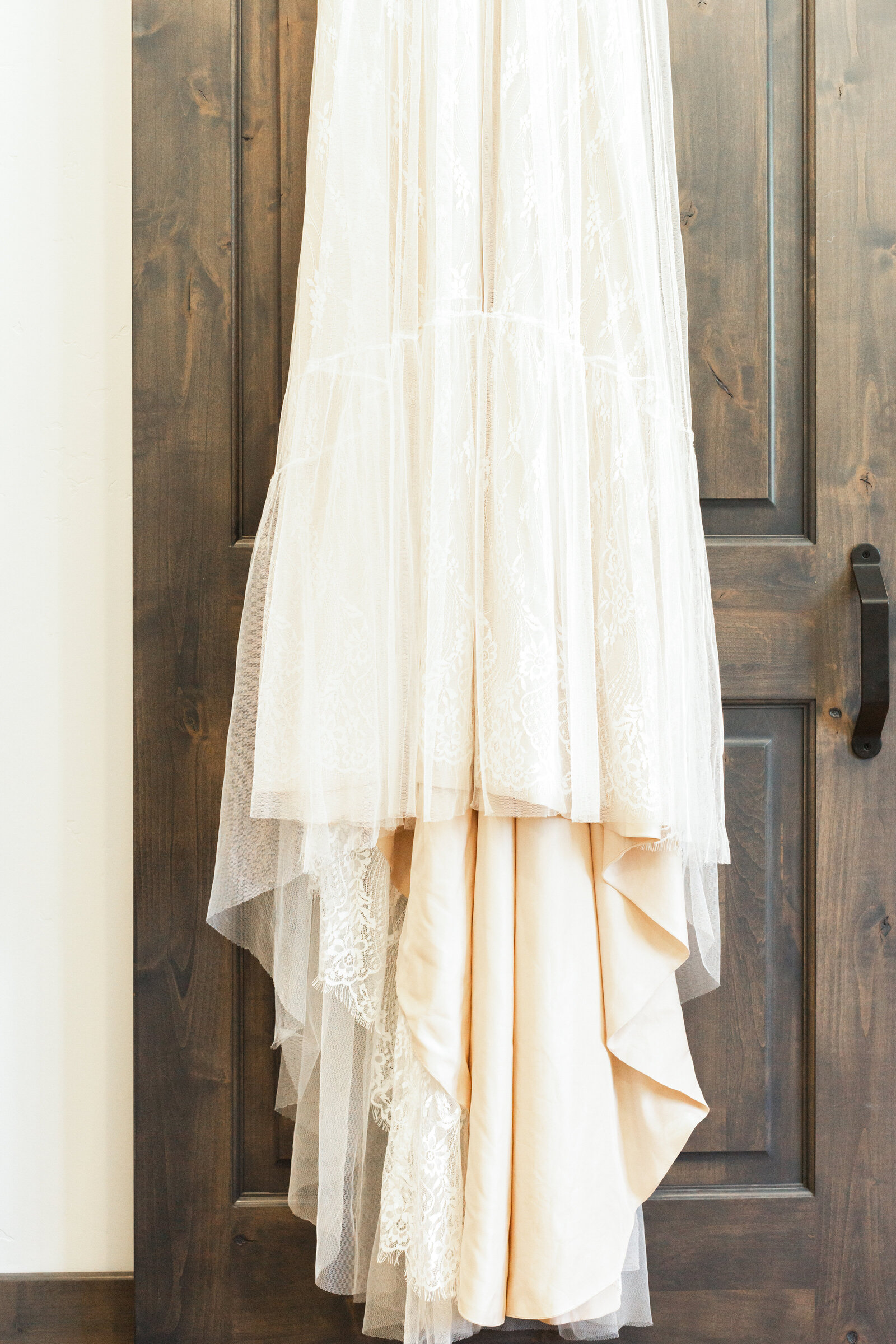 Boho wedding dress at an intimate elopement at a cabin at Big Bear Lake, California.