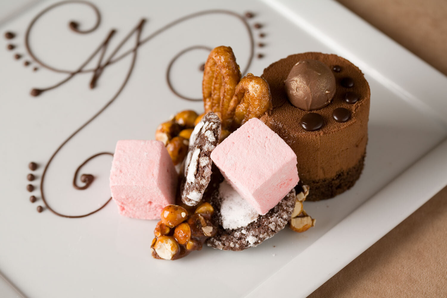 Assorted gourmet desserts on a decorated white plate