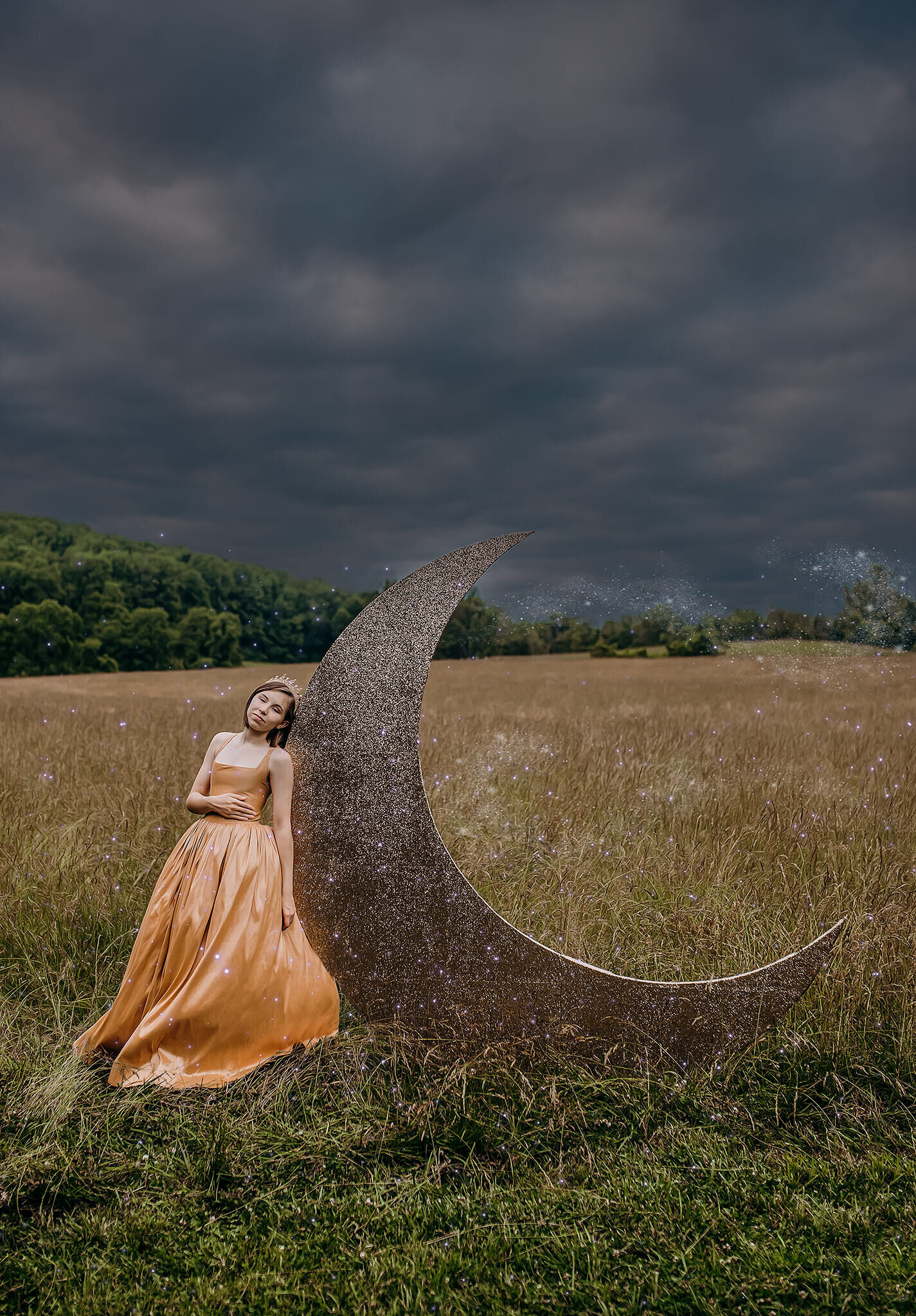 Girl in gold gown leaning on giant crescent moon in overgrown field Jerusalem Mill Kingsville Maryland