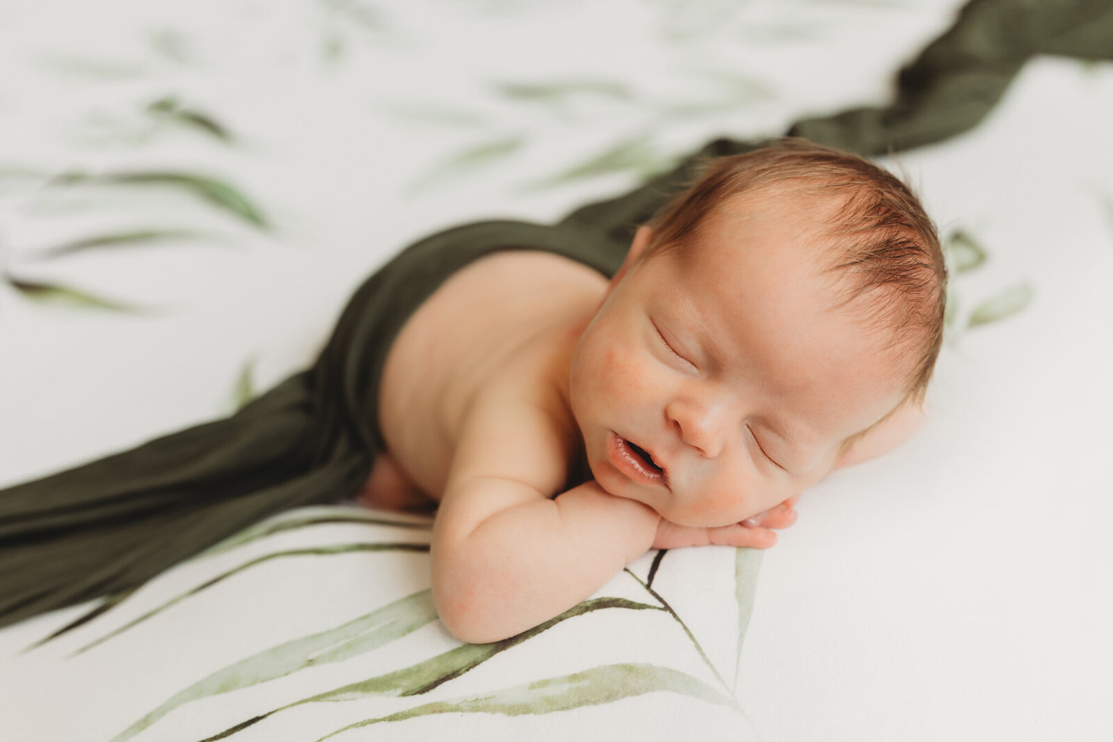Newborn baby boy sleeping on a plant leaf backdrop