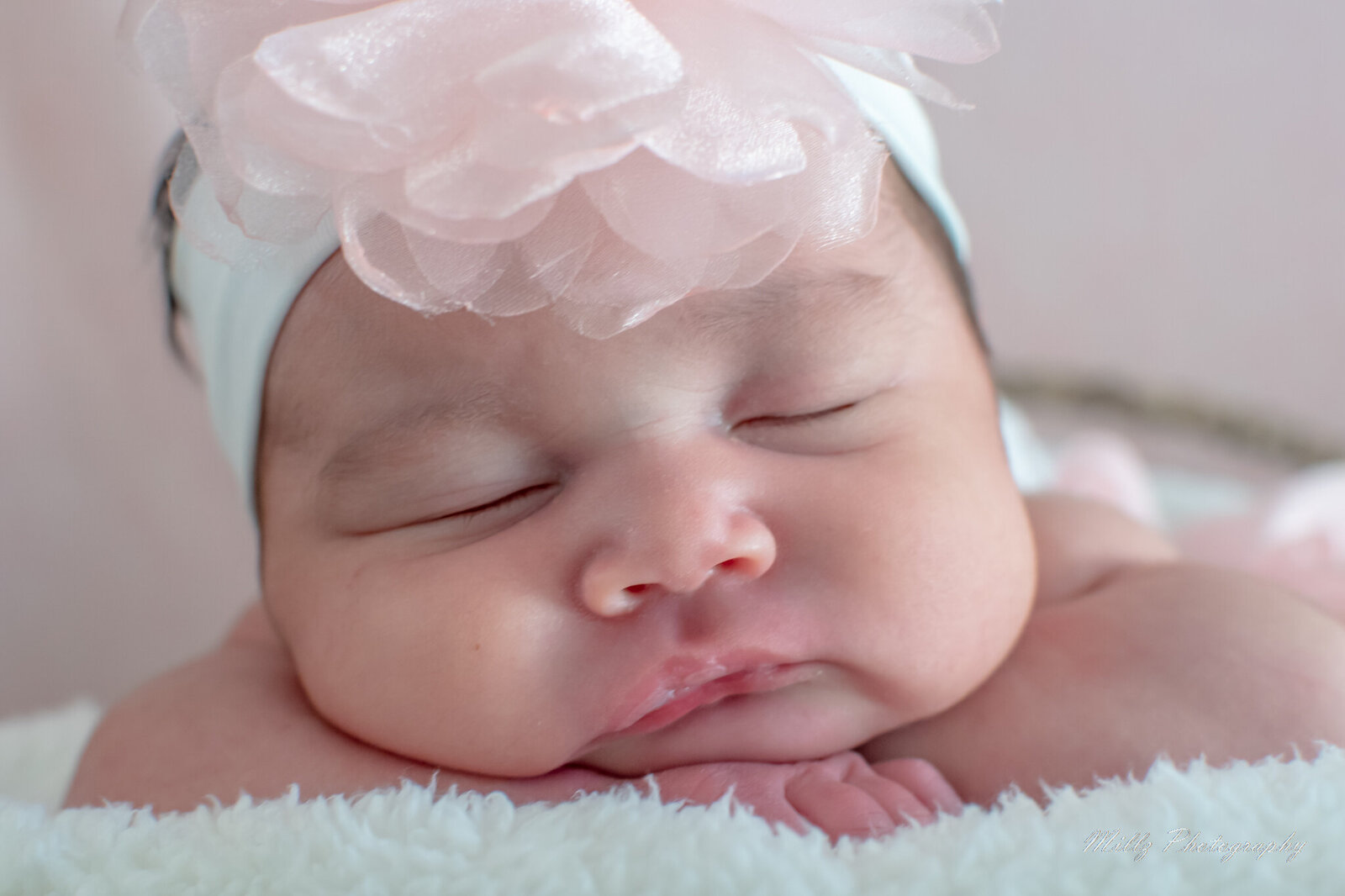 newborn baby girl with a flower headband sleeping  with her face in the camera photographed by Millz Photography in Greenville, SC