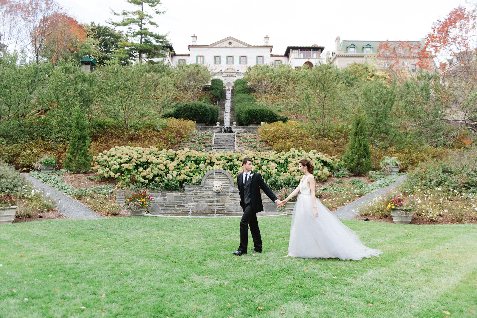 Villa Terrace Law Portraits of  Bride and Groom at Lakefront Estate Luxury Wedding