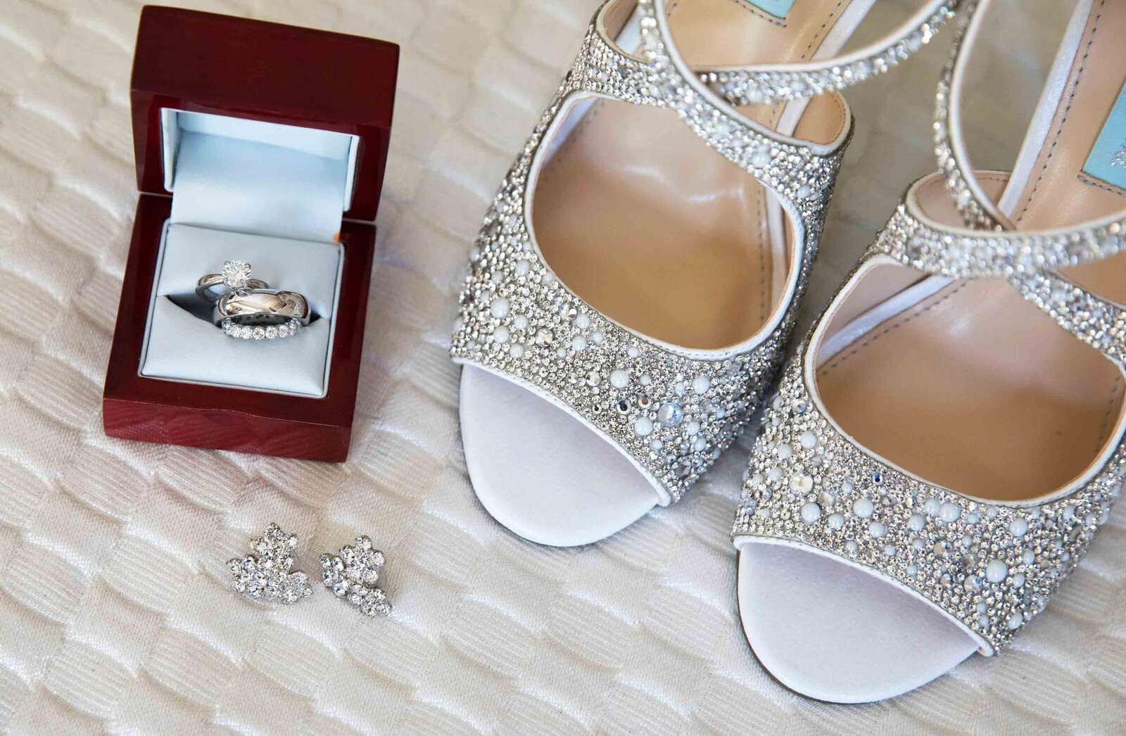 Bride and groom wedding bands, brides wedding shoes and matching earrings. Private Estate Wedding New Hope Pennsylvania 