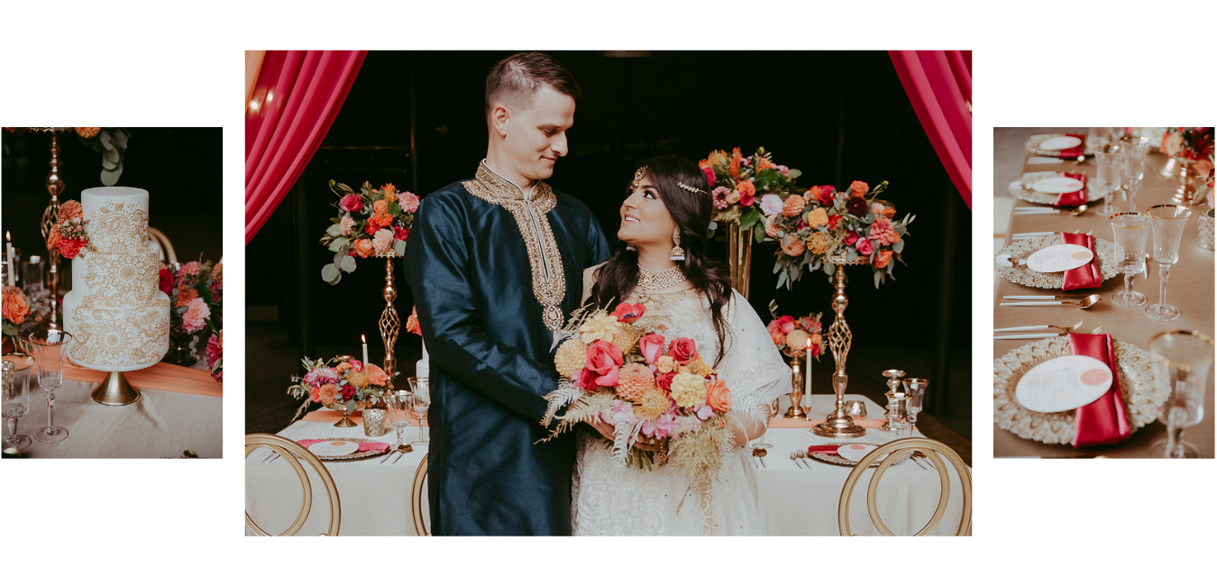 South-Asian-fusion-bride-and-groom-infront-of-luxury-wedding-reception-table-and-wedding-cake-Vancouver
