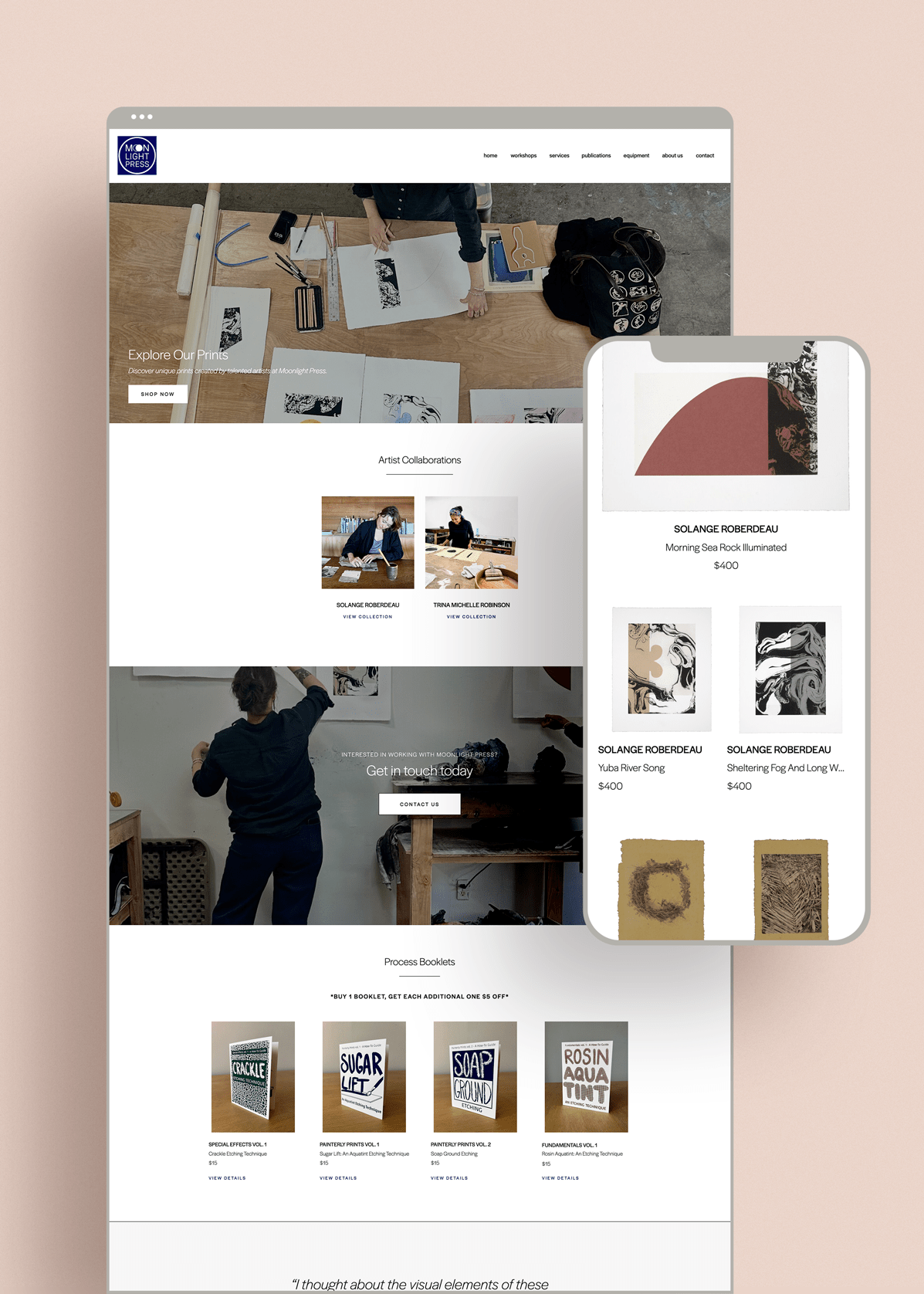 A website mockup featuring Moonlight Press’s e-commerce storefront on desktop and mobile, highlighting artist collaborations and print collections.