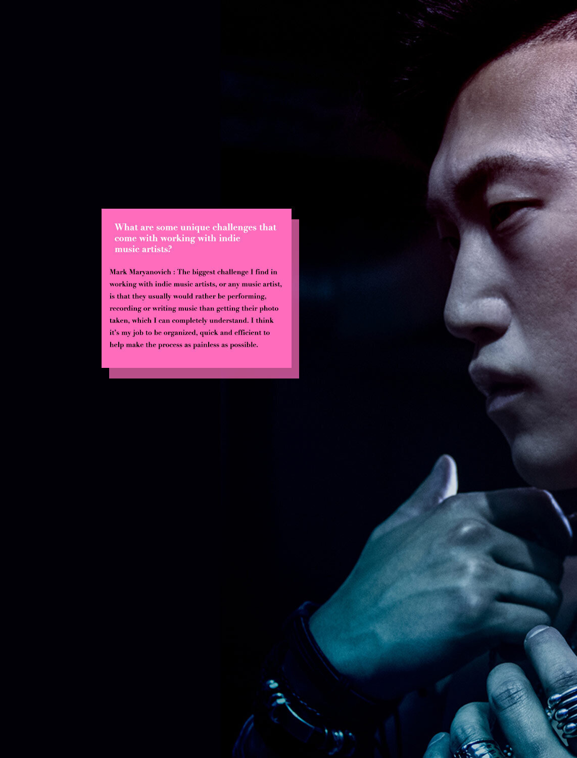 Magazine interview featuring photographer Mark Maryanovich Publication Pump It Up musician profile portrait hands to chest text in pink box beside him page 7