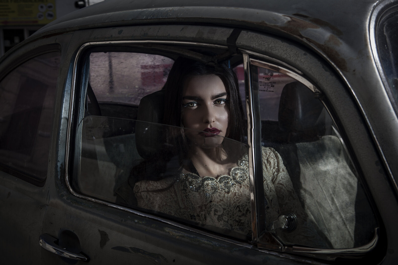 Makeup for a model in a car in mexico