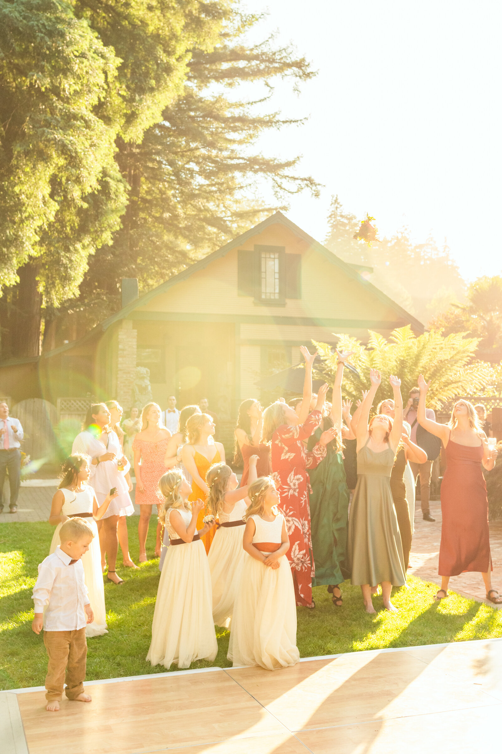 Colorful wedding reception in Santa Cruz, California in the redwood trees.