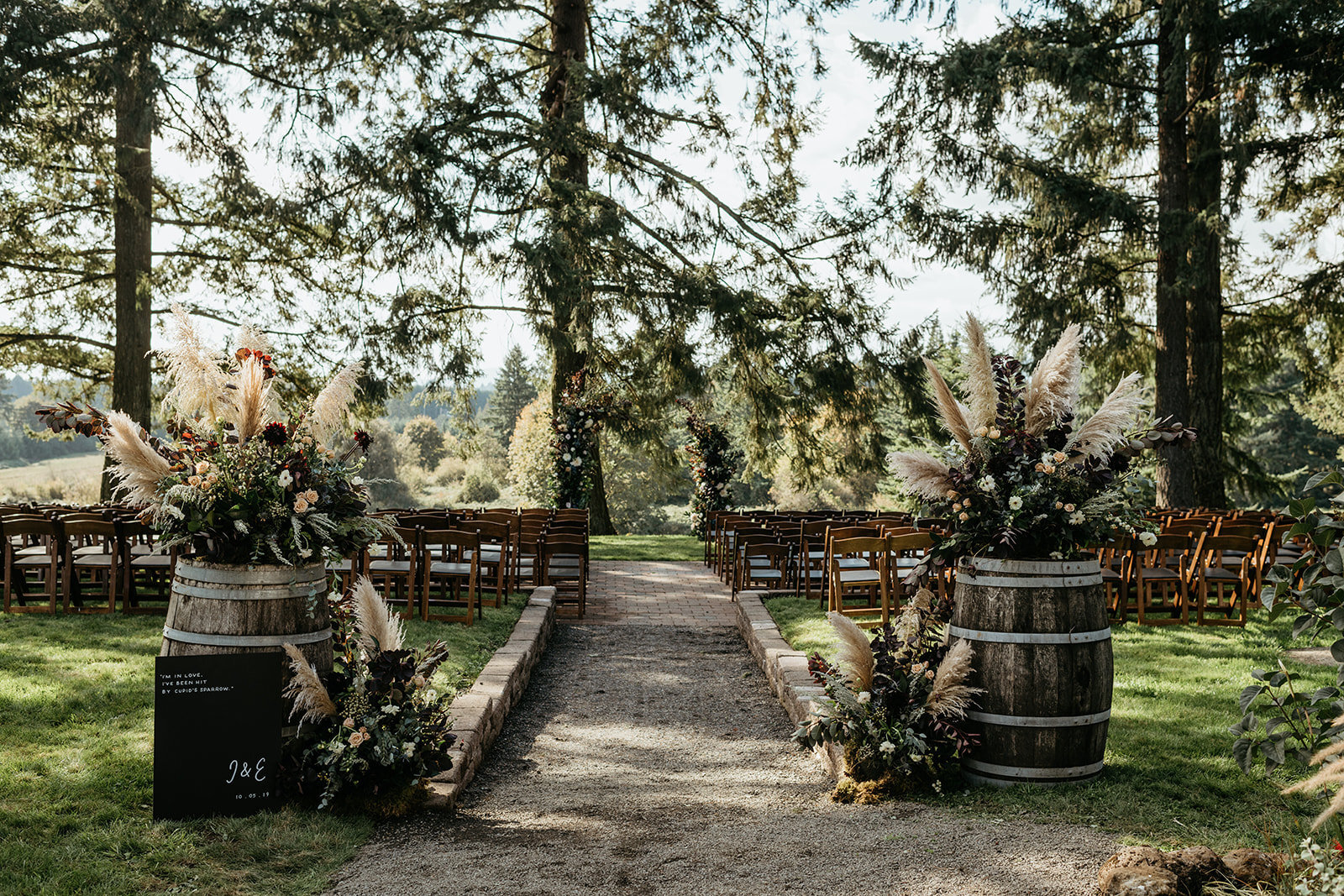 Outdoor wedding in Oregon, ceremony set up for backyard wedding