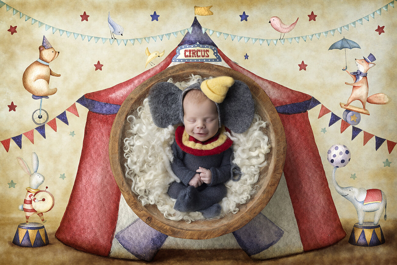 Newborn dressed as Dumbo at the circus.