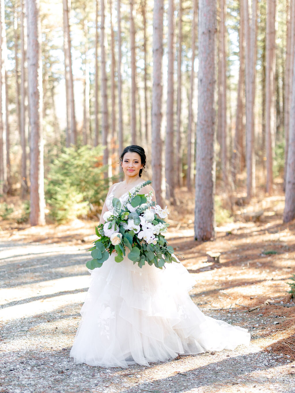 bride-wedding-portrait-woods-pine-big-bouquet